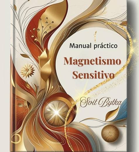 Portada del mini eBook Activa tu Magnetismo Sensitivo de Svitlana Bytka. Diseño geométrico dorado sobre figura meditativa, con fondo natural y cósmico que transmite energía y armonía. Disponible en espacio SER Consciente: mentoría emocional para mueres valientes