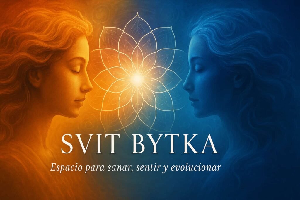 Gestión emocional que te acompaña a sentirte bien con Svit Bytka: Reserva tu espacio para sentir y evolucionar, con diseño de dos perfiles femeninos en tonos cálidos y fríos unidos por una flor geométrica luminosa que simboliza equilibrio y conexión espiritual.