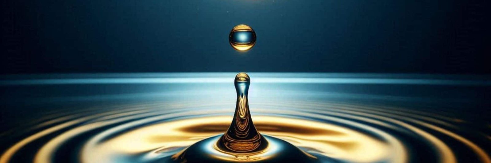 Imagen de Aprende a estar Bien de inteligencia emocional online, coaching para el bienestar con Svit Bytka: gota de agua suspendida sobre una superficie líquida con ondas concéntricas, simbolizando equilibrio y transformación.