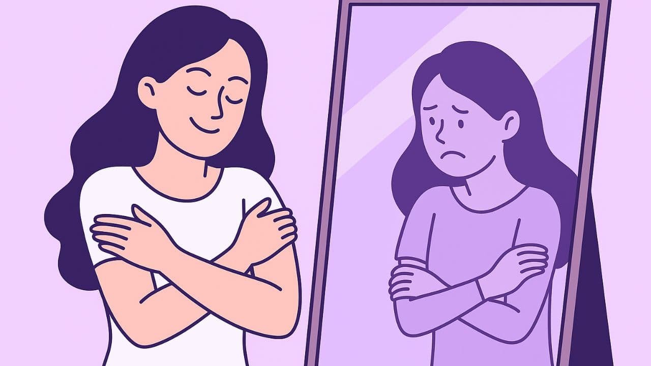 Ilustración de una mujer con expresión serena abrazándose frente a un espejo, donde su reflejo muestra una versión temerosa y vulnerable de sí misma. Representa el contraste entre la autoestima elevada y el yo interior que necesita cuidado emocional.