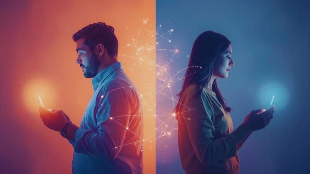 En la web Aprende a Estar Bien representa una llamada 2x60min con Svitlana Bytka para desbloquear tensiones, tomar decisiones y recuperar enfoque personal. Ilustración de dos personas conectadas digitalmente desde espacios distintos, cada una con su móvil, simbolizando una sesión de urgencia y claridad emocional.