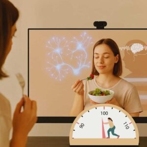 Mujer en sesión online, con expresión serena y conexiones neuronales brillando alrededor de su cabeza. La escena representa el programa “Hipno-Banda Gástrica Online” de Svitlana Bytka Havalenka, donde se reprograma cuerpo y mente para transformar la relación con la comida desde el subconsciente.
