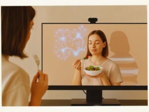 Mujer en sesión online, con expresión serena y conexiones neuronales brillando alrededor de su cabeza. La escena representa el programa “Hipno-Banda Gástrica Online” de Svitlana Bytka, donde se reprograma cuerpo y mente para transformar la relación con la comida desde el subconsciente.