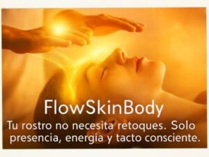 Mujer con los ojos cerrados recibe un masaje energético en el rostro, rodeada de luz cálida. La escena transmite relajación profunda, liberación de tensiones y conexión interior, reflejando la esencia del método cia en el Curso Estética Energética FlowSkinBody, una experiencia transformadora guiada por la formadora Svit Bytka para activar la energía vital y revelar la belleza desde el movimiento consciente del cuerpo. Temática de cursos y talleres de bienestar