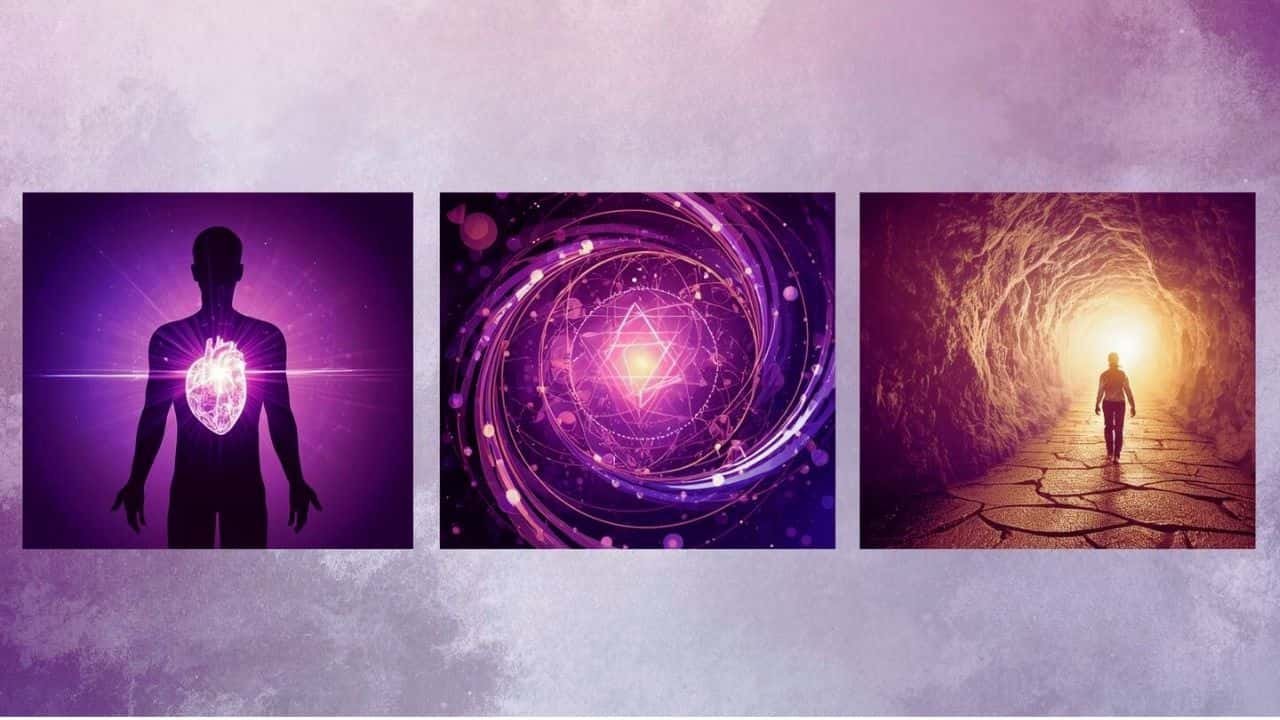 Tríptico simbólico de energía interior, geometría sagrada y camino de transformación, imagen que representa la Jornada BioTacto Sensorial: objetivo bienestar emocional.