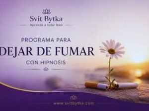 Programa para dejar de fumar con hipnosis de Svit Bytka, imagen promocional en tonos violetas con una flor creciendo junto a un cigarrillo apagado como símbolo de liberación del hábito y recuperación de bienestar emocional