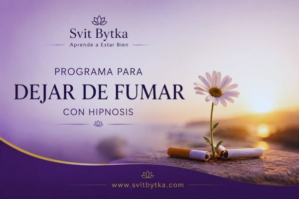 Programa para dejar de fumar con hipnosis de Svit Bytka, imagen promocional en tonos violetas con una flor creciendo junto a un cigarrillo apagado como símbolo de liberación del hábito y recuperación de bienestar emocional
