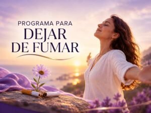 Programa para dejar de fumar con hipnosis, gestionado por Svit Bytka, representado por una mujer junto al mar y un cigarrillo abandonado.