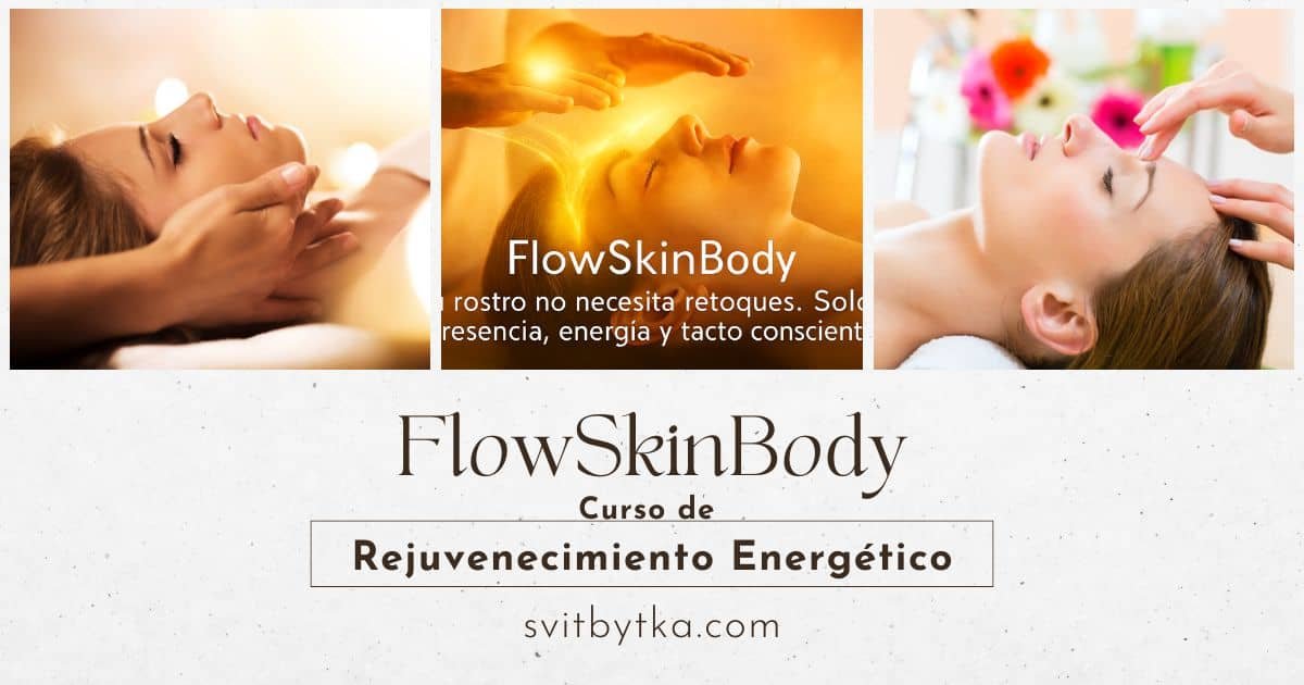 Composición visual de tacto consciente, energía corporal y presencia, imagen que representa la experiencia vivencial de bienestar emocional en la Jornada FlowSkinBody curso de rejuvenecimiento energético