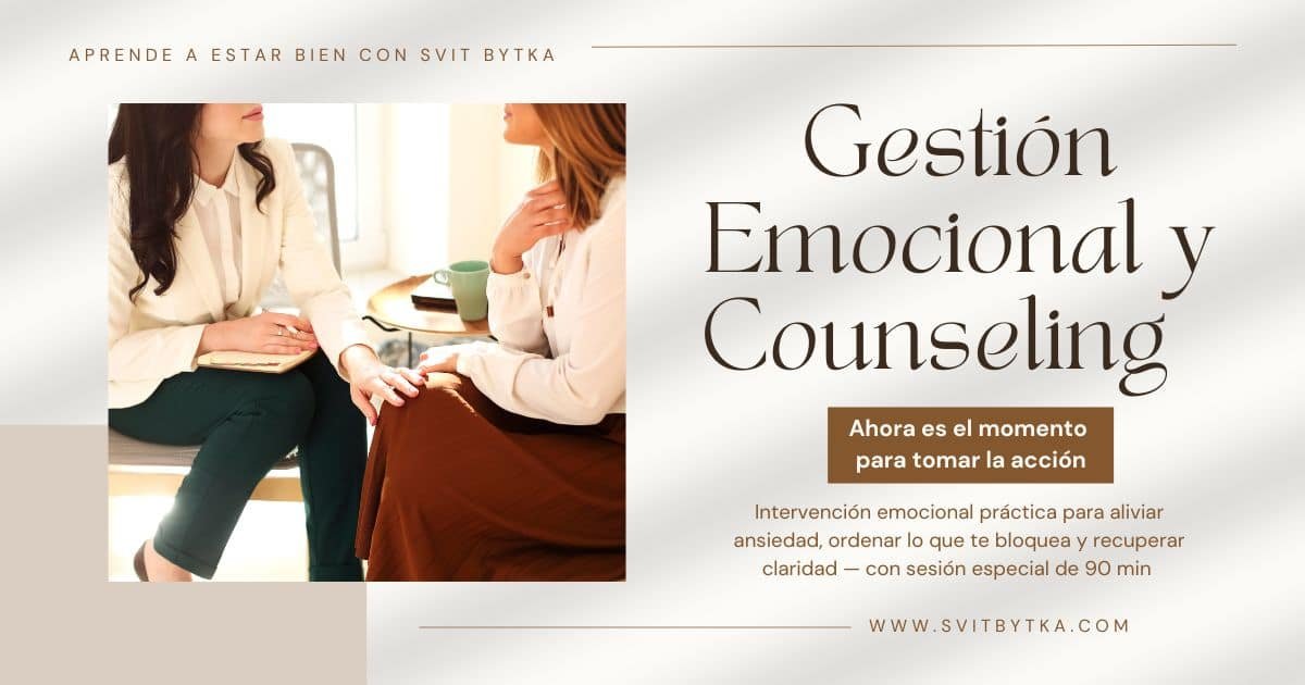 Sesión de gestión emocional y counseling con acompañamiento profesional para ordenar emociones, tomar decisiones y sostener procesos de cambio