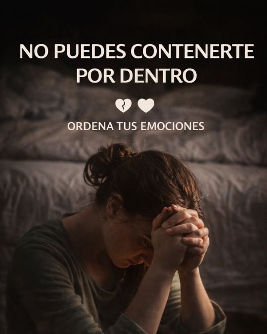 Mujer sentada con la cabeza inclinada y las manos unidas, reflejando desbordamiento interno y la necesidad de acompañamiento para recuperar bienestar emocional y estabilidad interior.