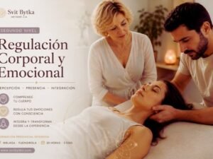 Curso Regulación Corporal y Emocional de Svit Bytka. Formación presencial intensiva de BioTacto Sensorial donde una docente guía prácticas de tacto consciente, percepción corporal y regulación emocional consciente sobre camilla desde el Método CiA.