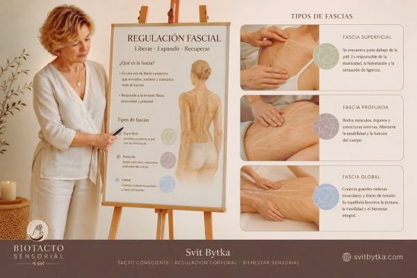 Imagen educativa y profesional de BioTacto Fascial con Svit Bytka explicando técnicas de regulación fascial y tipos de fascia mediante demostración práctica corporal sobre camilla y pizarra formativa.