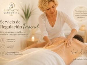 Servicio de Regulación Fascial con Svit Bytka mostrando trabajo fascial consciente sobre camilla y explicación educativa de tipos de fascia, movilidad corporal y regulación fascial aplicada.