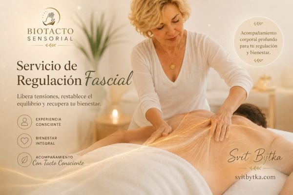 Servicio de Regulación Fascial con Svit Bytka mostrando trabajo fascial consciente sobre camilla y explicación educativa de tipos de fascia, movilidad corporal y regulación fascial aplicada.