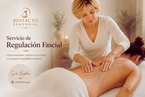 Servicio de Regulación Fascial con Svit Bytka mostrando trabajo fascial consciente sobre camilla y explicación educativa de tipos de fascia, movilidad corporal y regulación fascial aplicada.