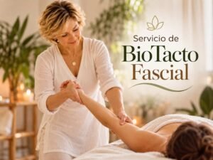 Servicio de BioTacto Fascial con Svit Bytka, realizando un estiramiento del brazo sobre camilla.