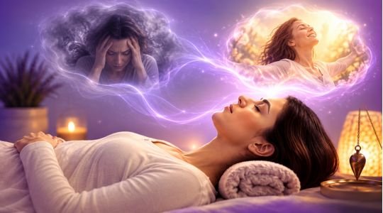 Sesión de hipnosis para el bienestar emocional mujer en relajación que visualiza sus miedos y una imagen de confianza y felicidad.