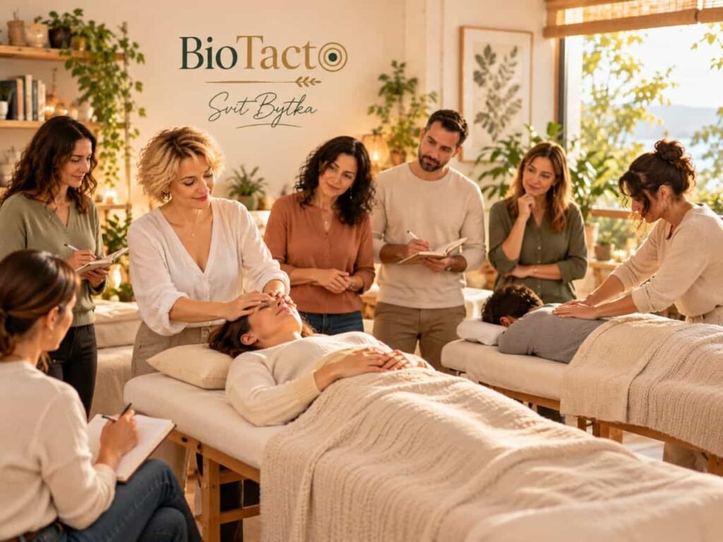 Taller de Tacto con BioTacto con Svit Bytka y alumnos practicando por parejas